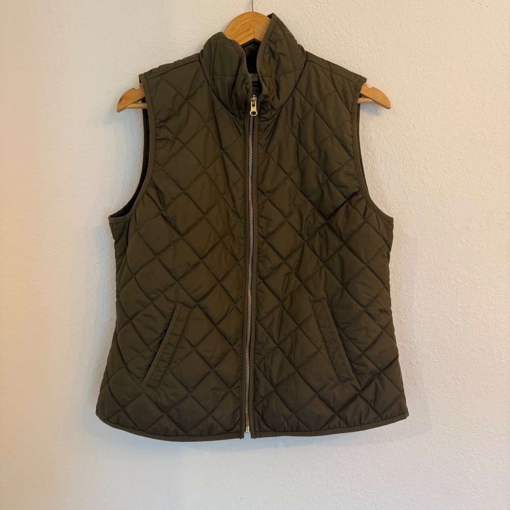 Old Navy Quilted Vest Women Large Olive Green Diamond Stitch Full Zip Mock Neck